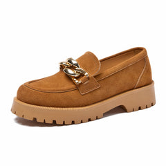 Suede loafers with gold buckle and thick sole, Brown