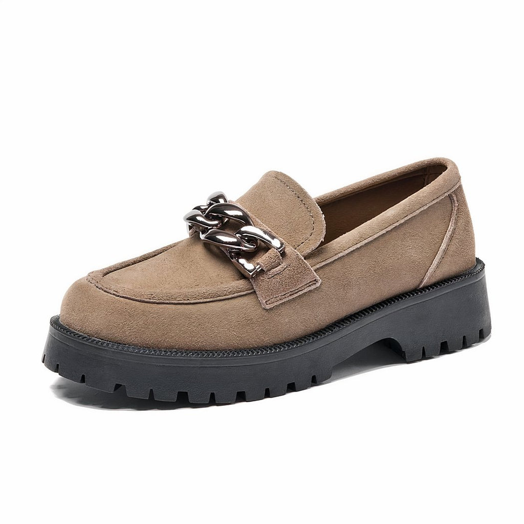 Suede loafers with gold buckle and thick sole