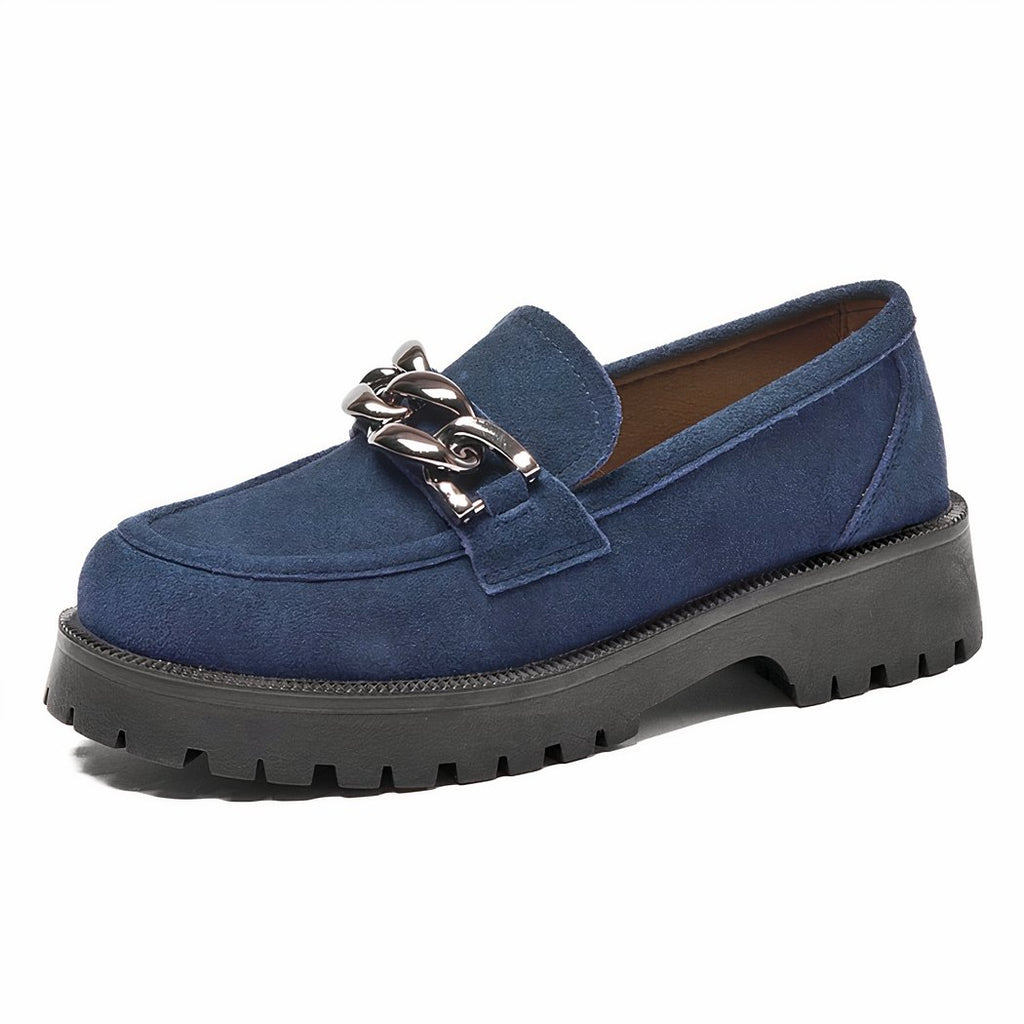 Suede loafers with gold buckle and thick sole