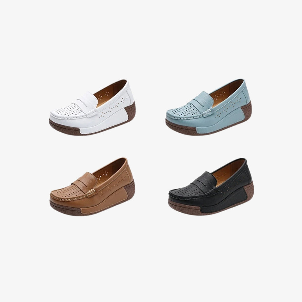 Perforated leather wedge loafers for women, available in several colors: white, blue, brown and black. These stylish shoes combine comfort and style with their textured brown thick sole and breathable design with decorative perforations. Perfect for everyday wear.