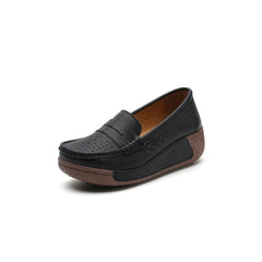Women's perforated leather wedge loafers, Black