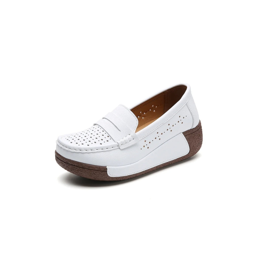 Women's perforated leather wedge loafers