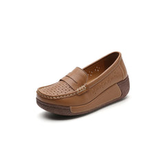 Women's perforated leather wedge loafers, Brown