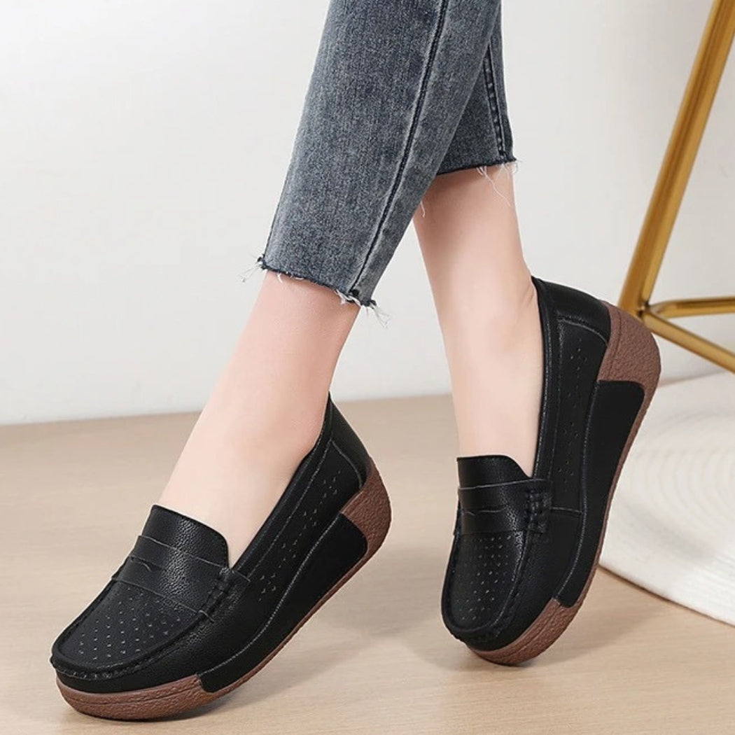 Women's perforated leather wedge loafers