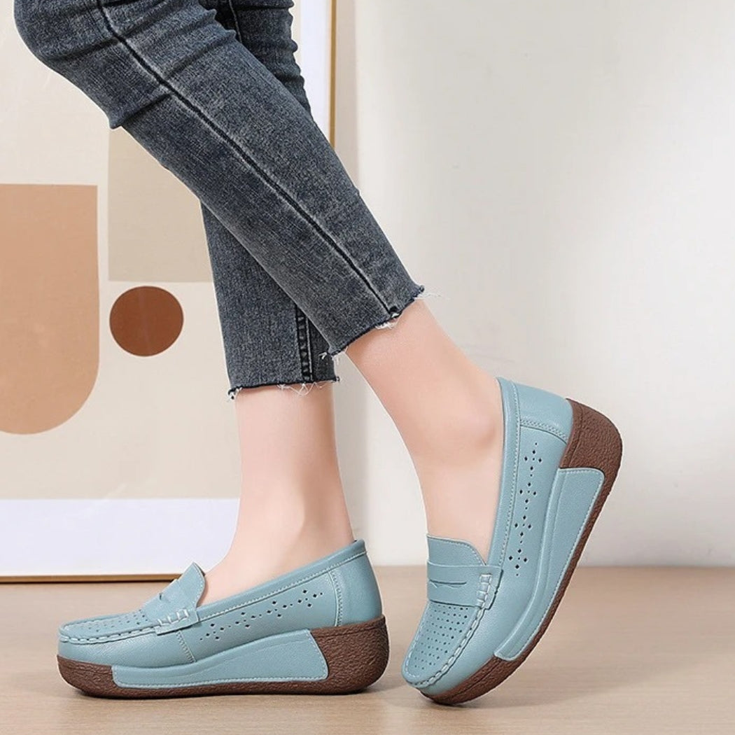 Women's perforated leather wedge loafers