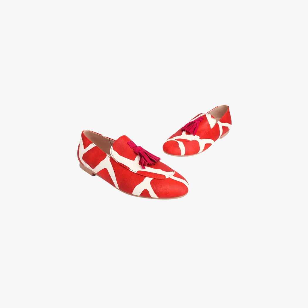 Women's red and white tassel loafers in faux leather