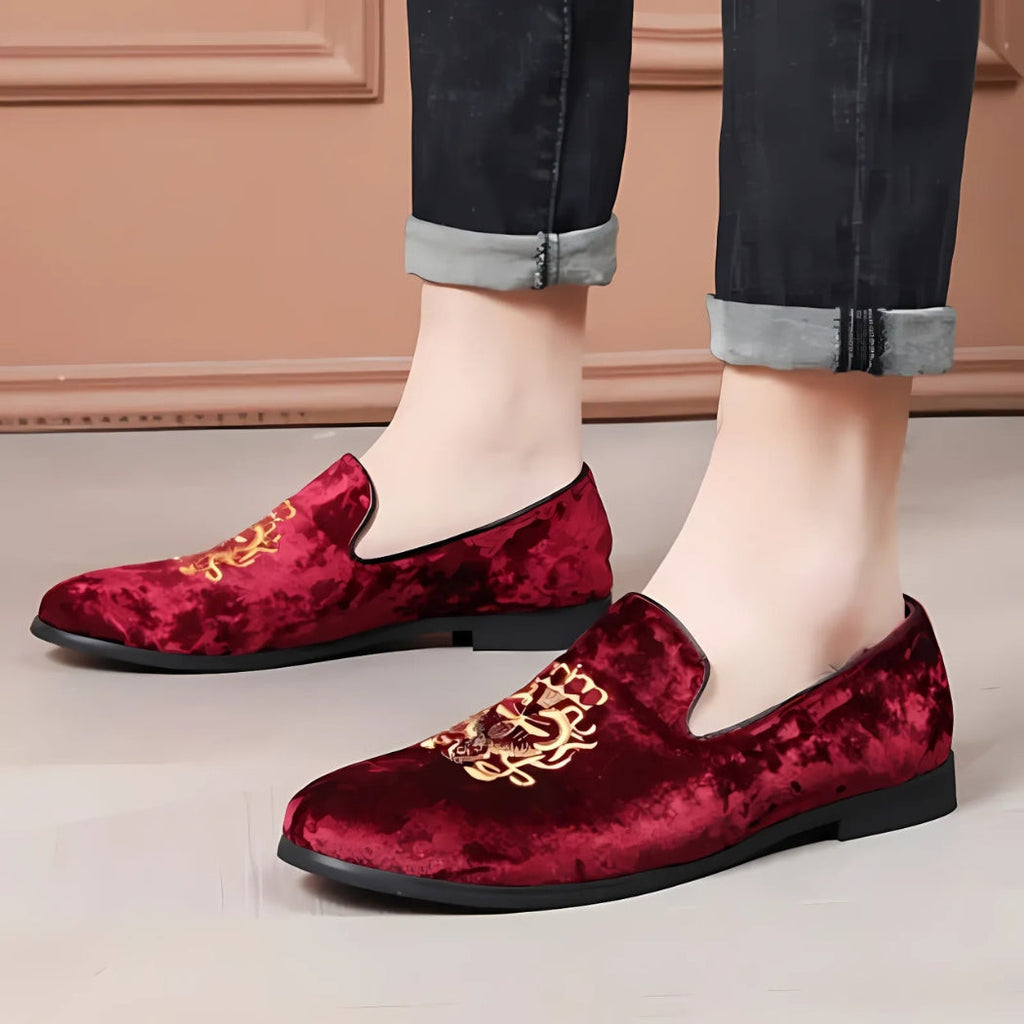 Men's synthetic suede loafers with gold embroidery