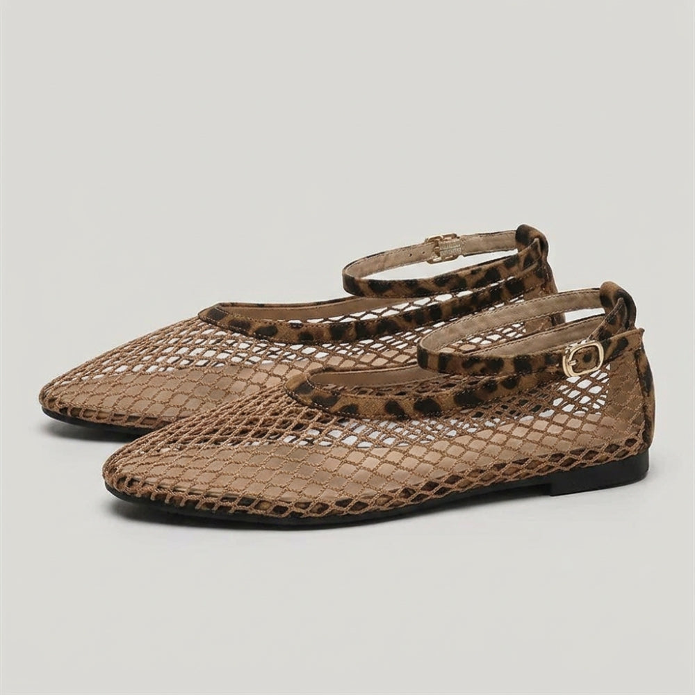 Women's leopard print mesh loafer flats with strap