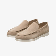 Men's suede slip-on style loafers with a white sole, Beige