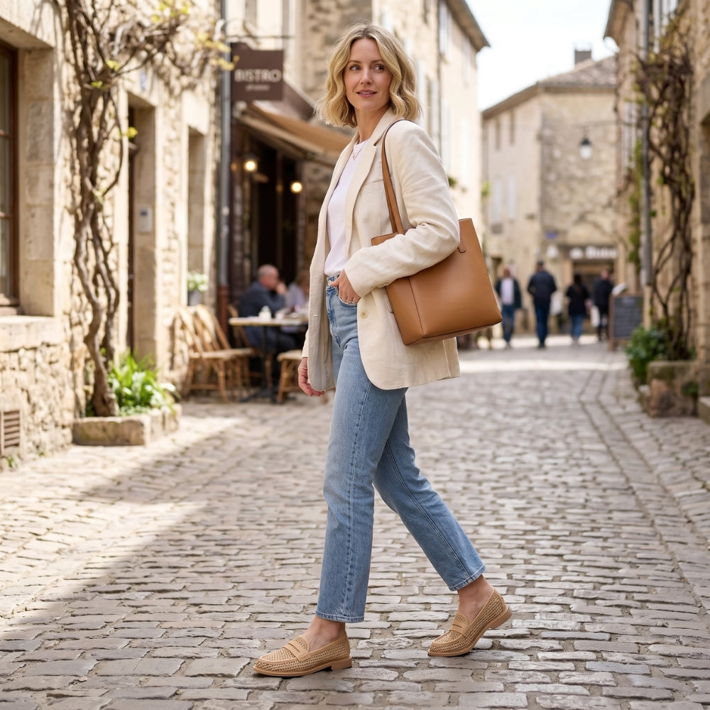 Women's beige mesh and leather loafers