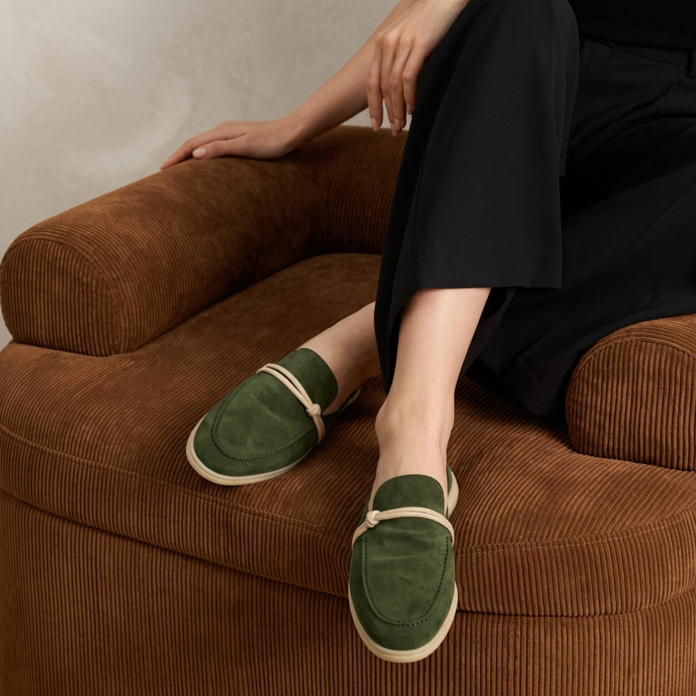 Women's suede leather mule loafers with nautical knot