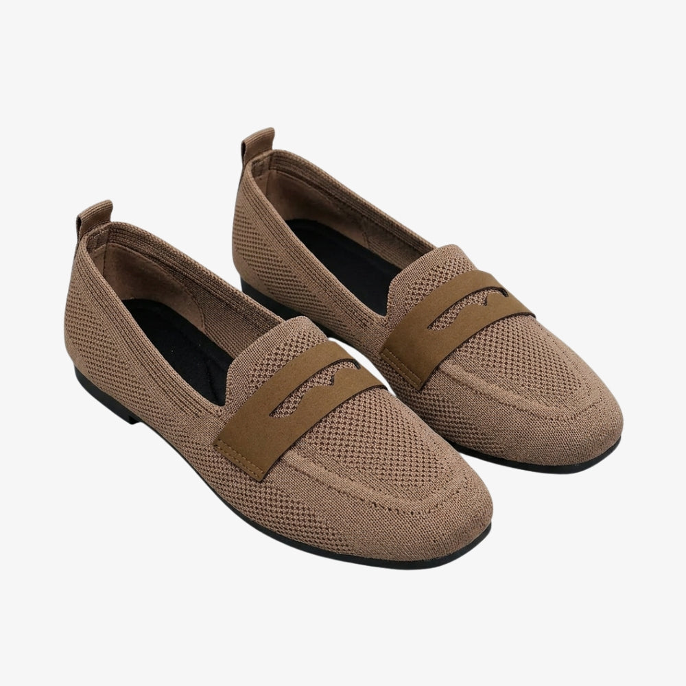 Women's camel cotton knit loafer on a gray background