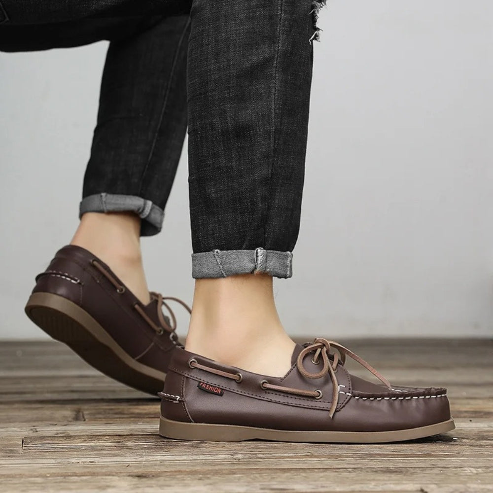 Men's brown leather boat loafers