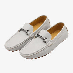Men's textured leather loafers with silver buckle, White