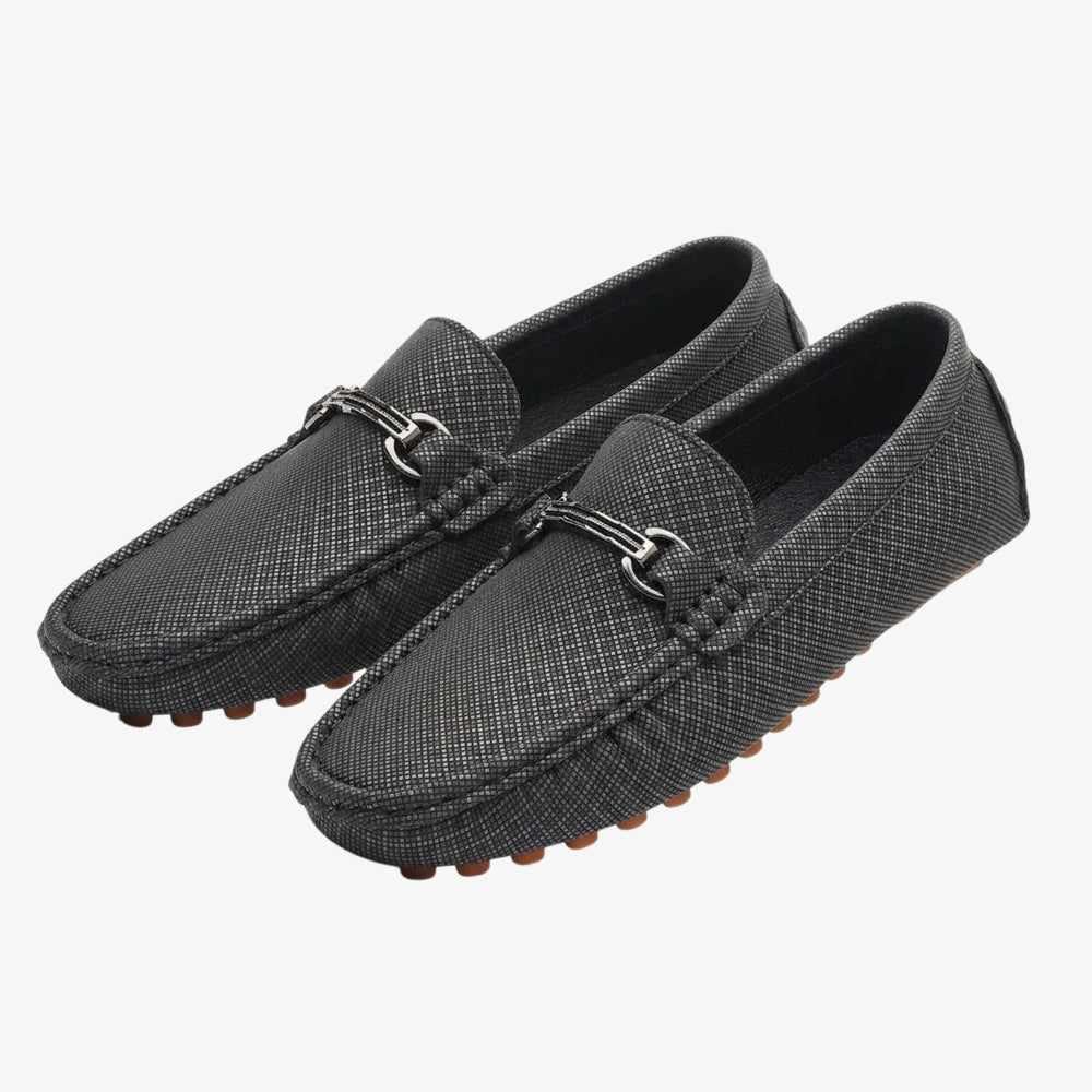 Men's textured leather loafers with silver buckle