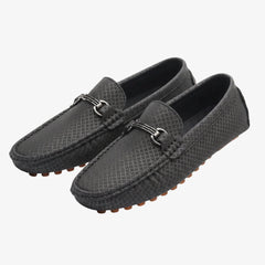 Men's textured leather loafers with silver buckle, Grey