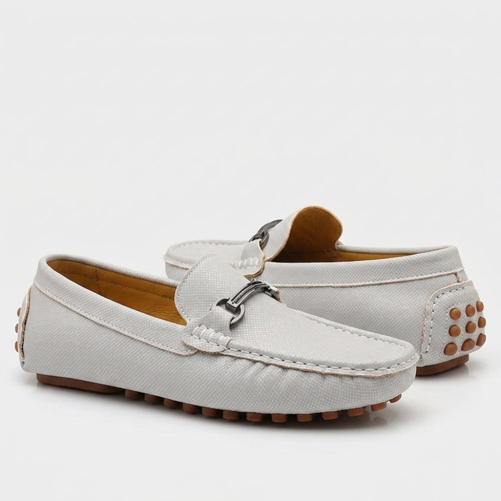 Men's textured leather loafers with silver buckle