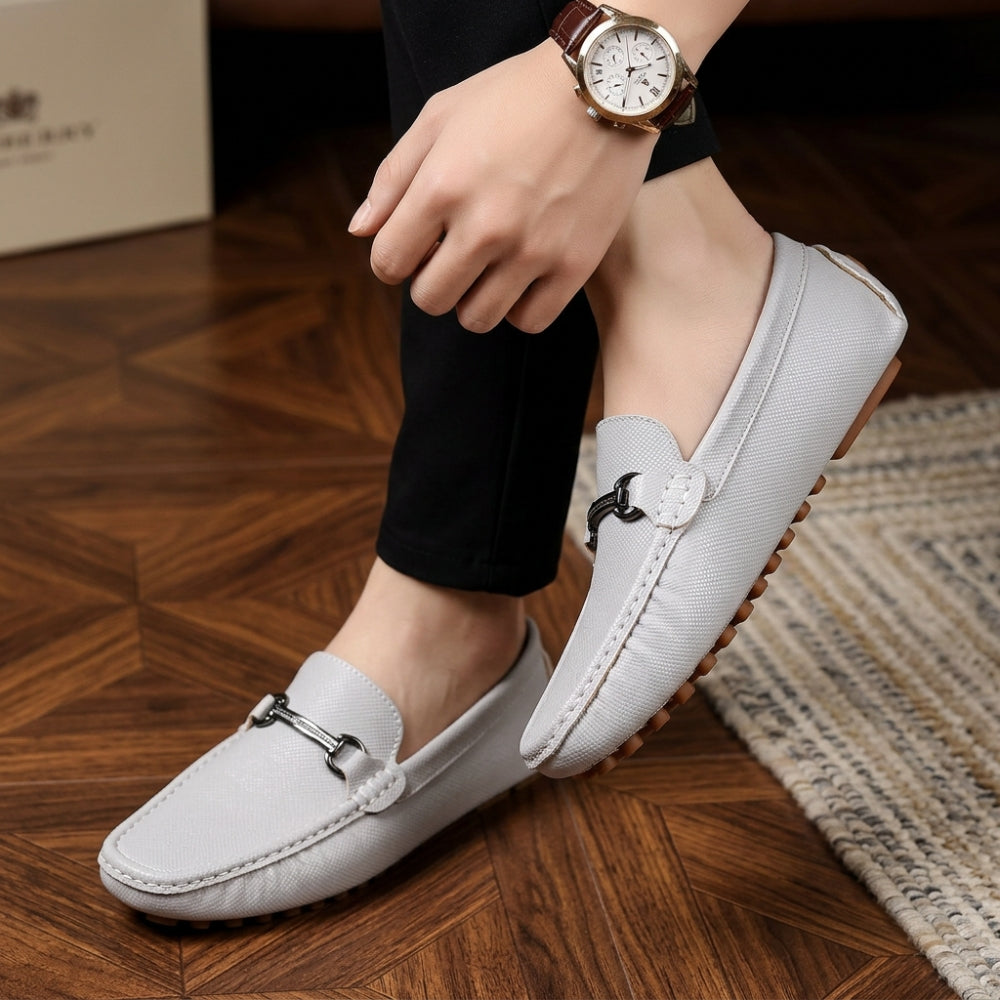 Men's textured leather loafers with silver buckle