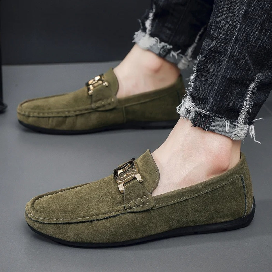 Men's faux suede loafers with gold metal buckle