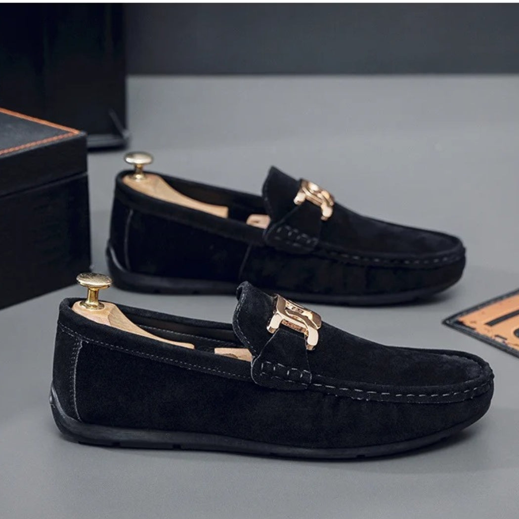 Men's faux suede loafers with gold metal buckle