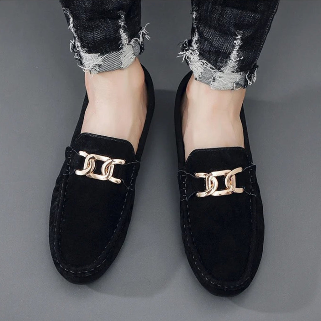 Men's faux suede loafers with gold metal buckle