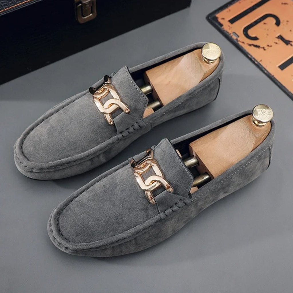 Men's faux suede loafers with gold metal buckle