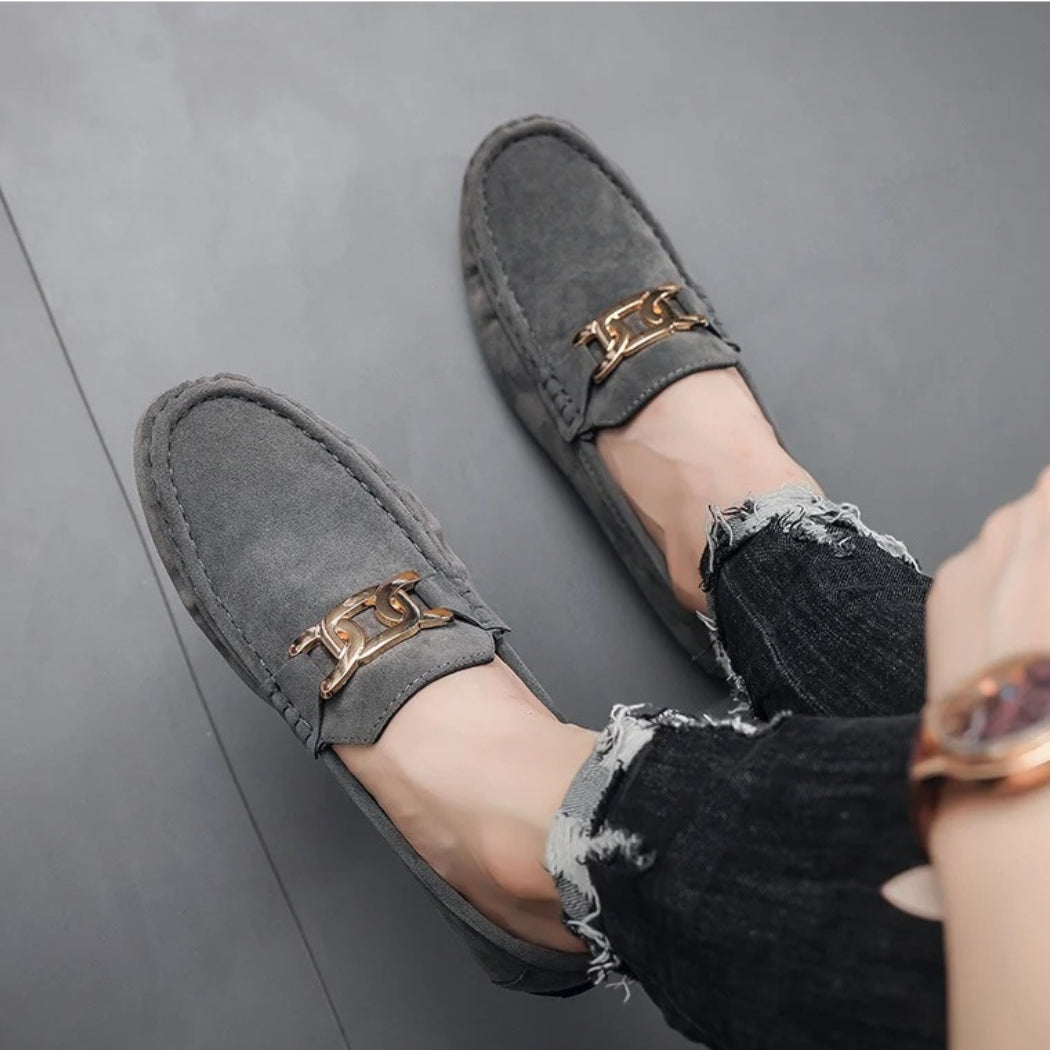 Men's faux suede loafers with gold metal buckle