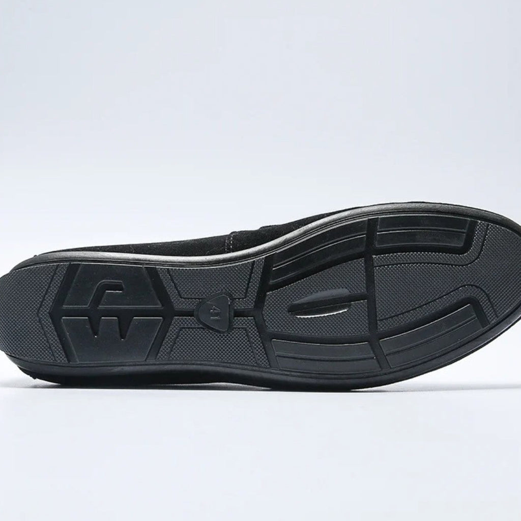 Men's faux suede loafers with gold metal buckle