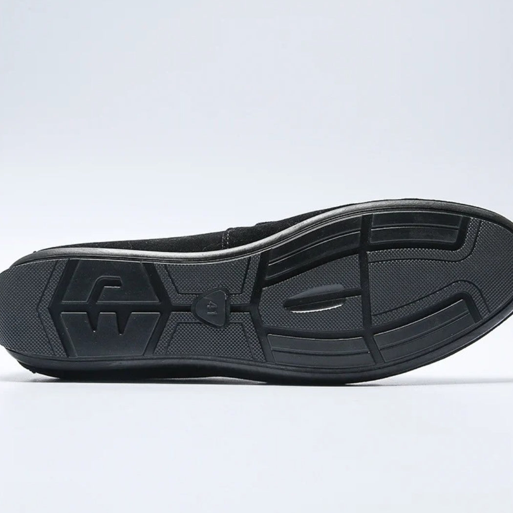Men's faux suede loafers with gold metal buckle
