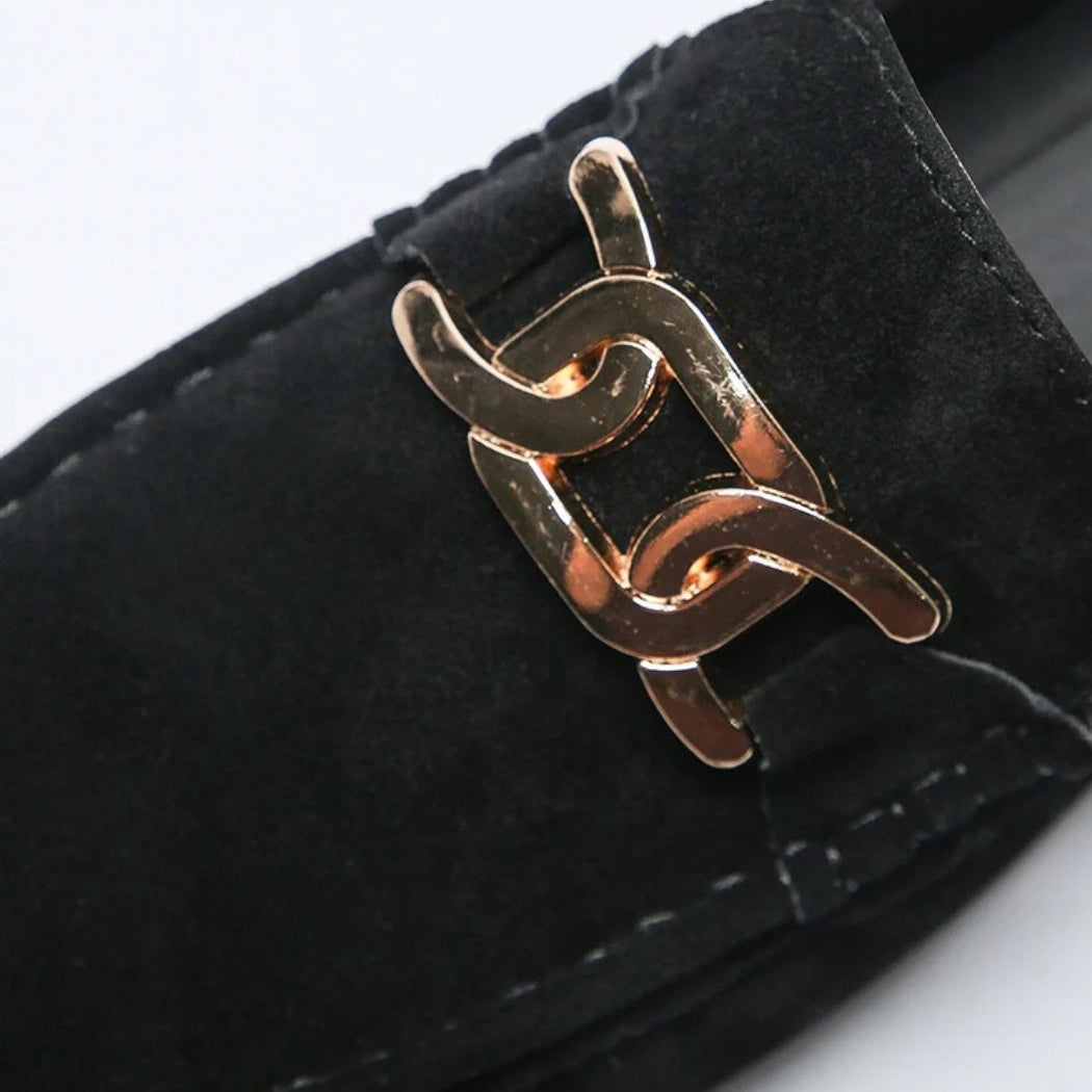 Men's faux suede loafers with gold metal buckle