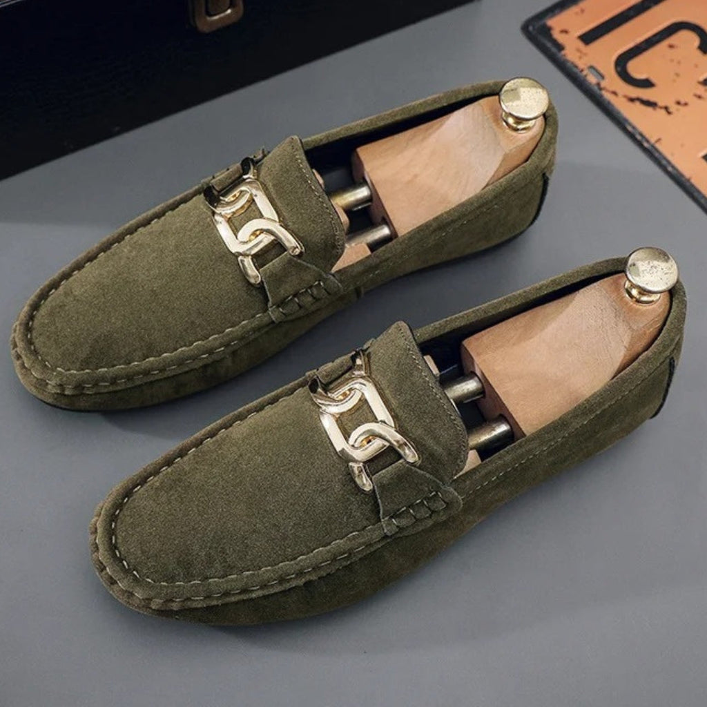 Men's faux suede loafers with gold metal buckle