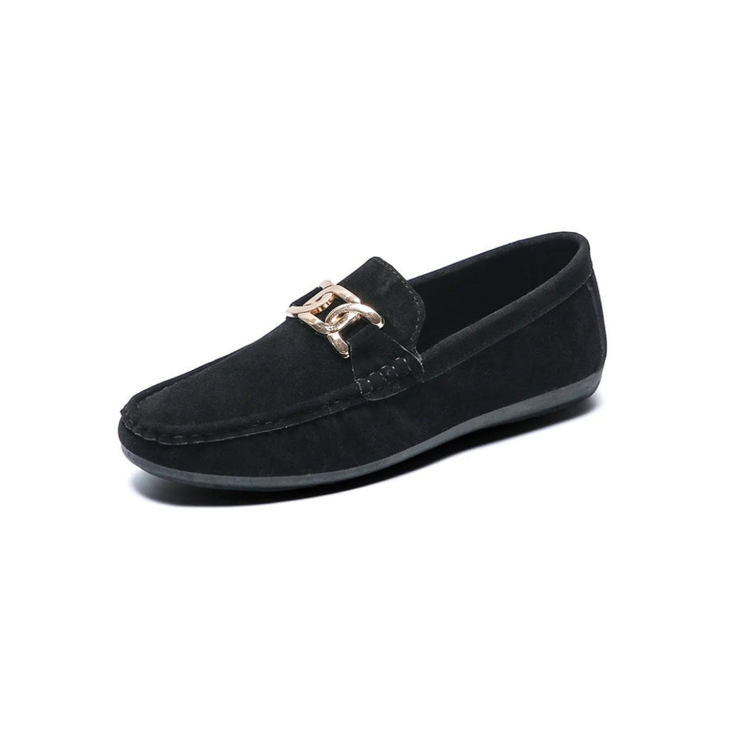 Men's faux suede loafers with gold metal buckle