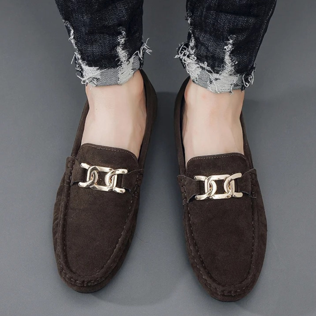 Men's faux suede loafers with gold metal buckle