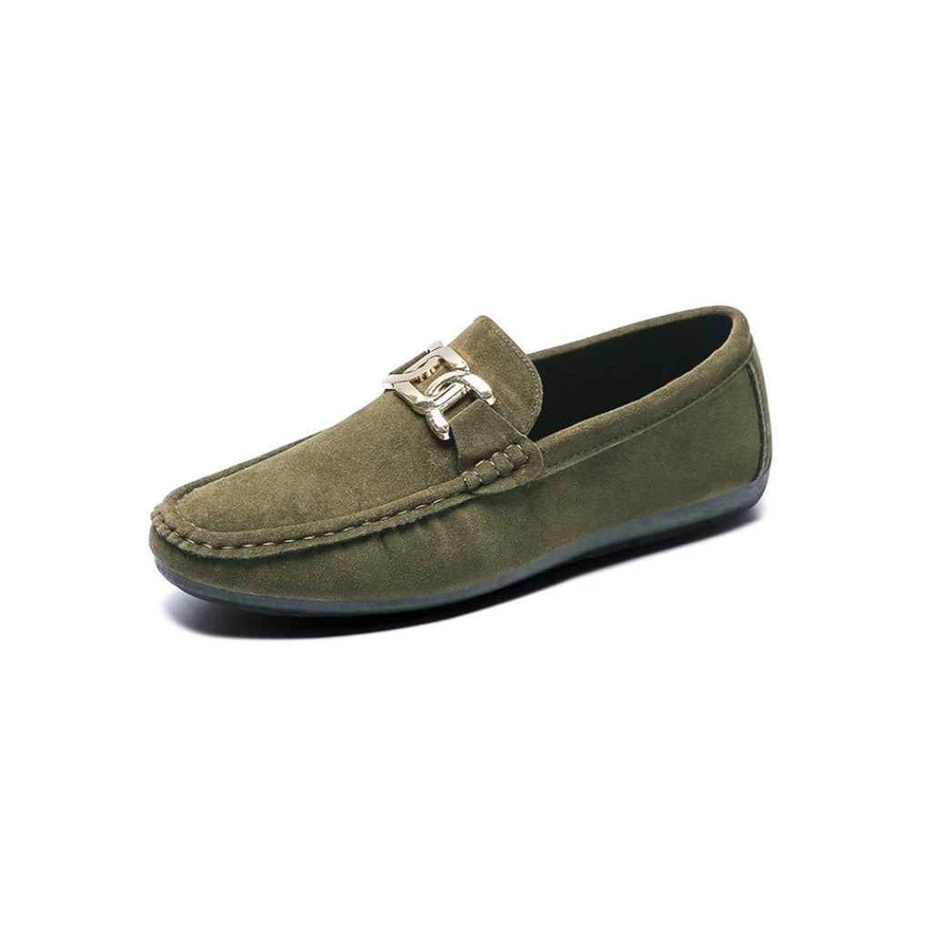 Men's faux suede loafers with gold metal buckle