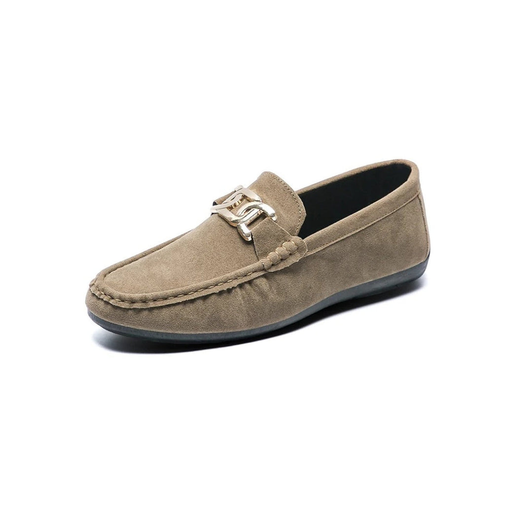 Men's faux suede loafers with gold metal buckle