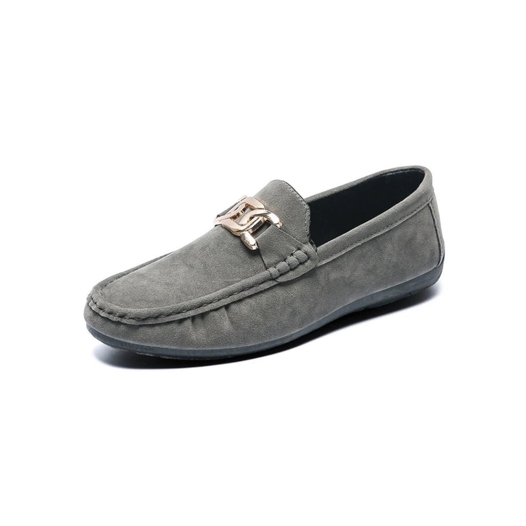 Men's faux suede loafers with gold metal buckle