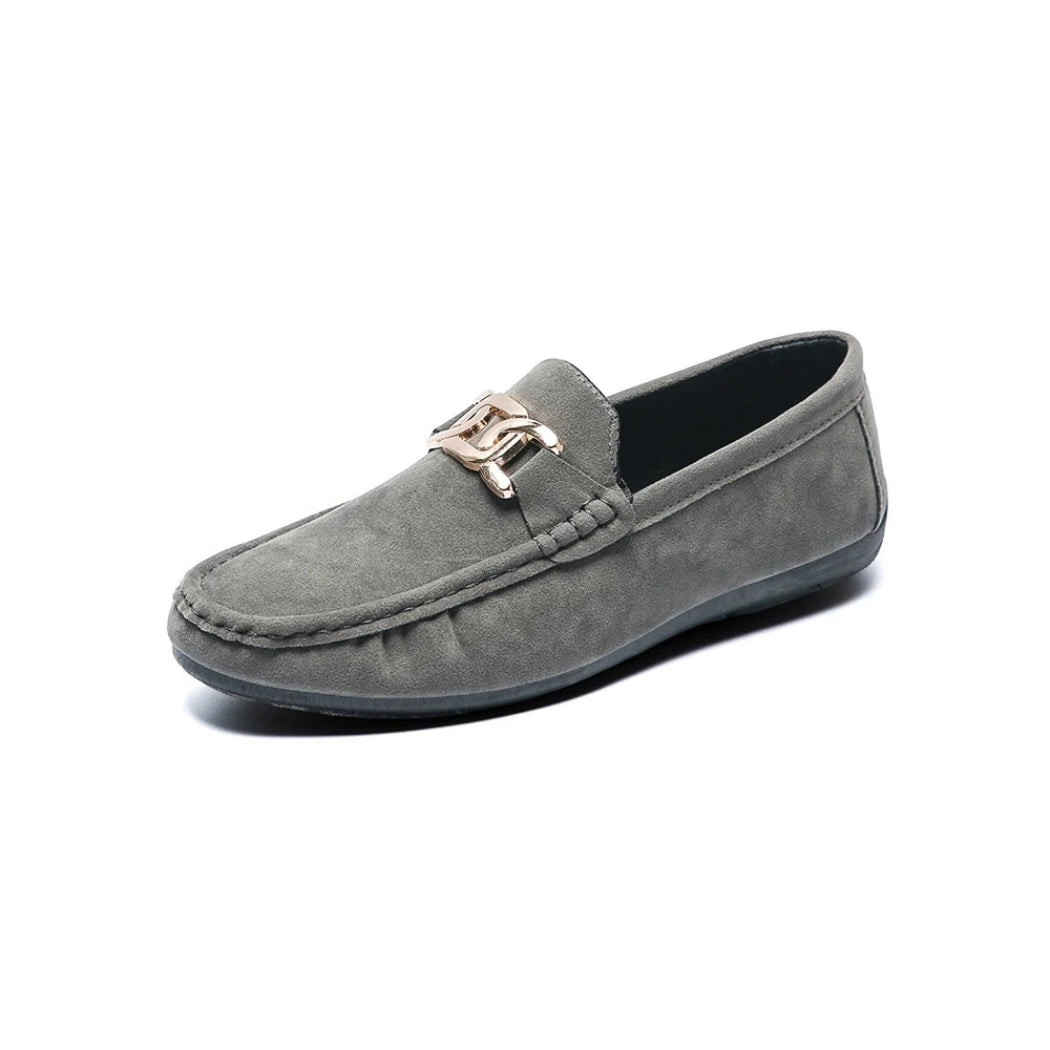 Men's faux suede loafers with gold metal buckle