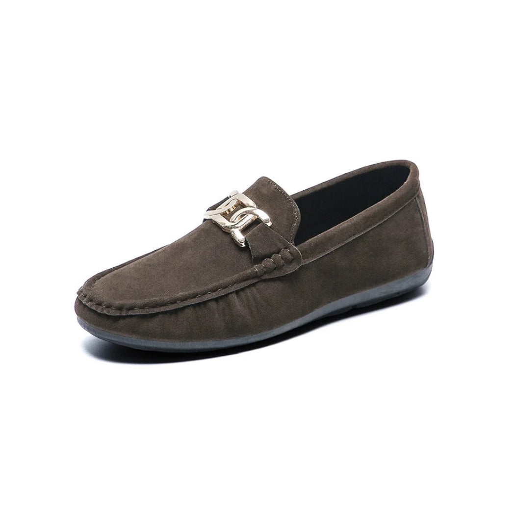 Men's faux suede loafers with gold metal buckle