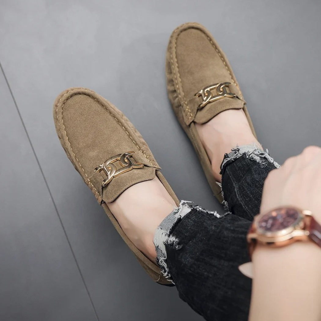 Men's faux suede loafers with gold metal buckle