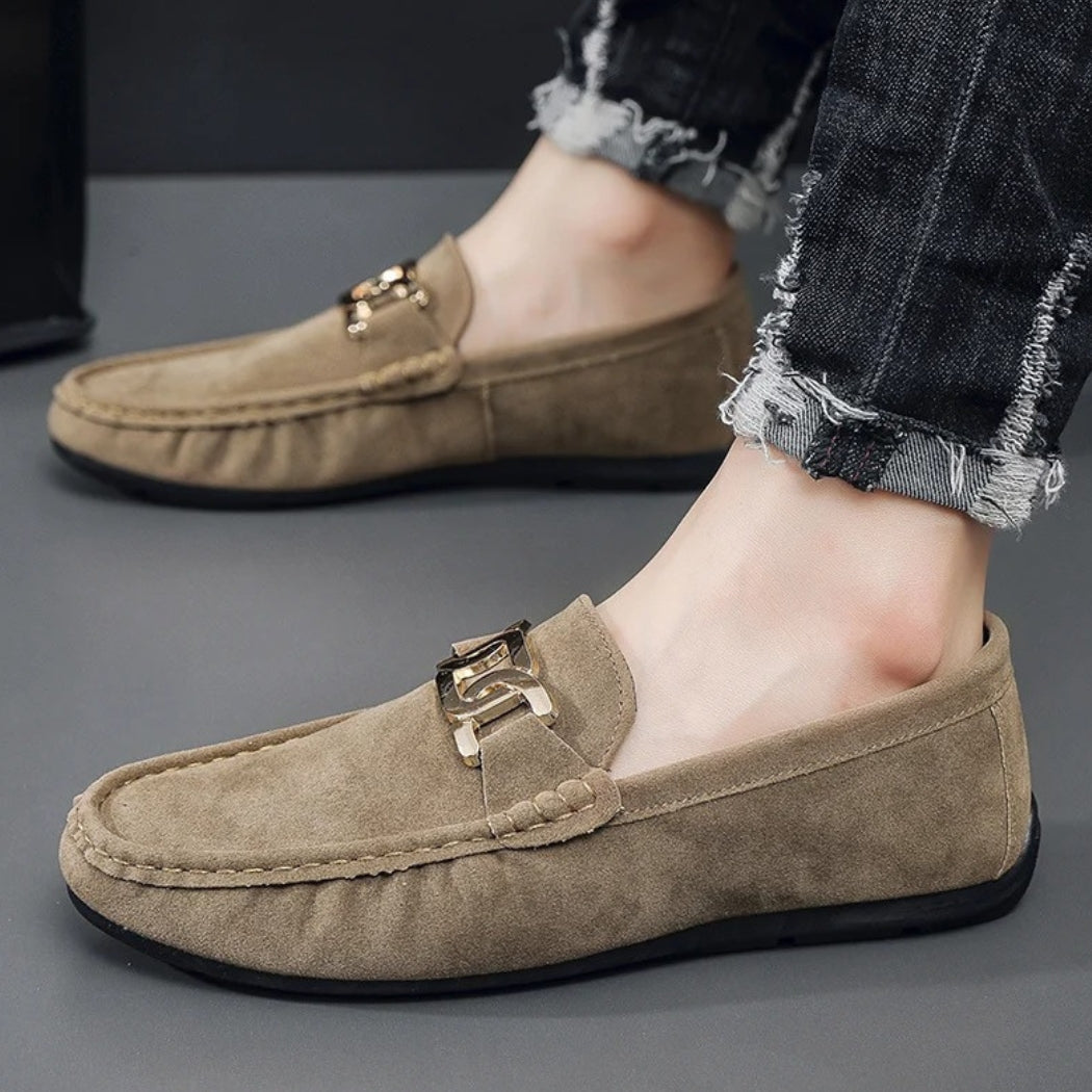 Men's faux suede loafers with gold metal buckle