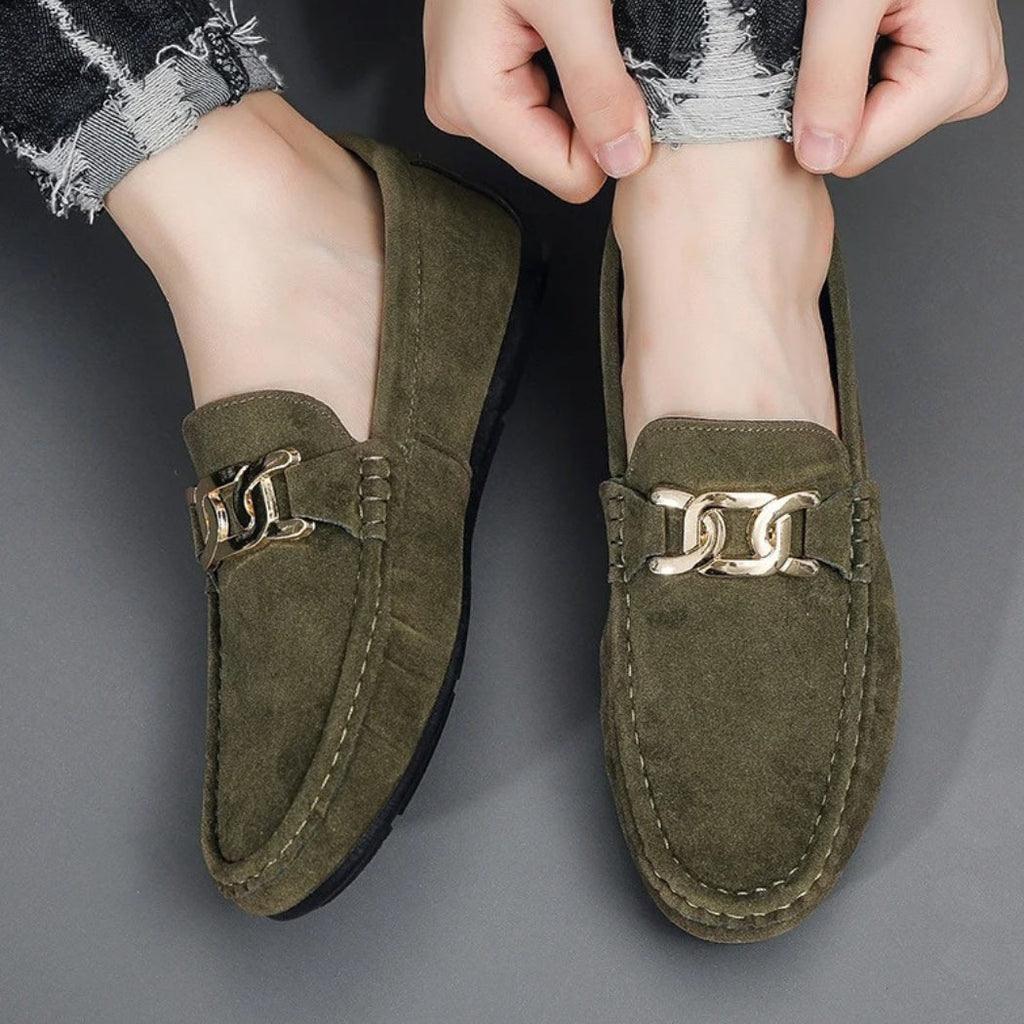 Men's faux suede loafers with gold metal buckle