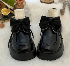 Faux leather loafers with bow tie and thick sole, Black