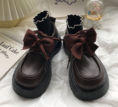 Faux leather loafers with bow tie and thick sole, Brown
