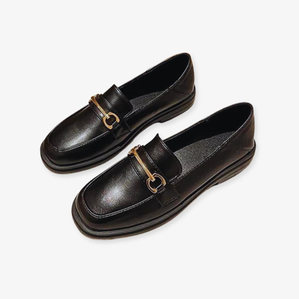 Black round-toe square-heeled loafers for women