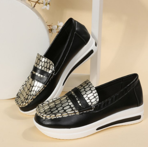 Sneaker-style wedge loafers with shiny details