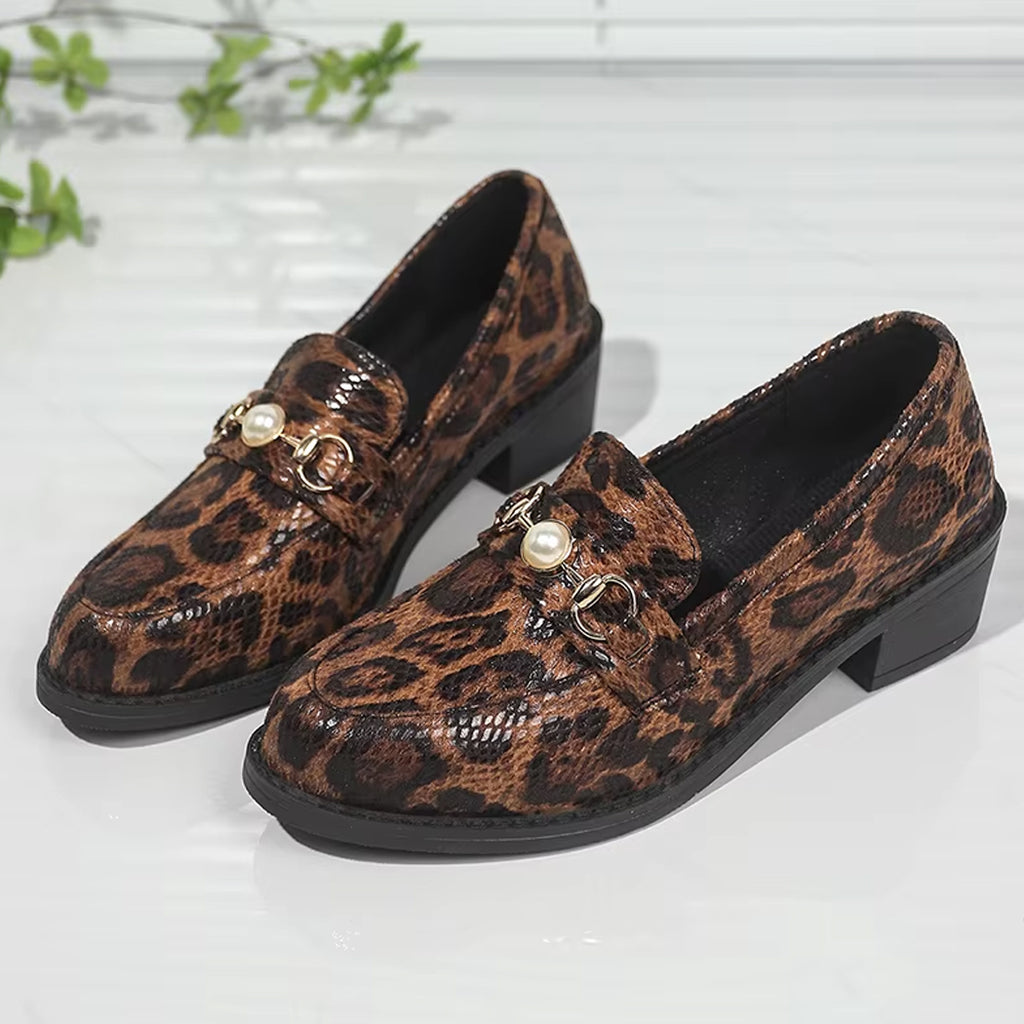 Snake-effect leopard loafers with pearl detail