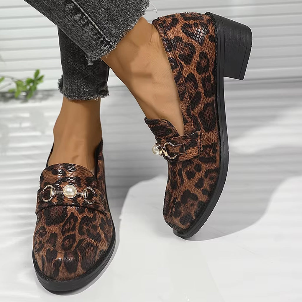 Snake-effect leopard loafers with pearl detail