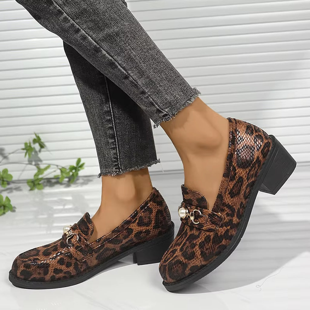 Snake-effect leopard loafers with pearl detail