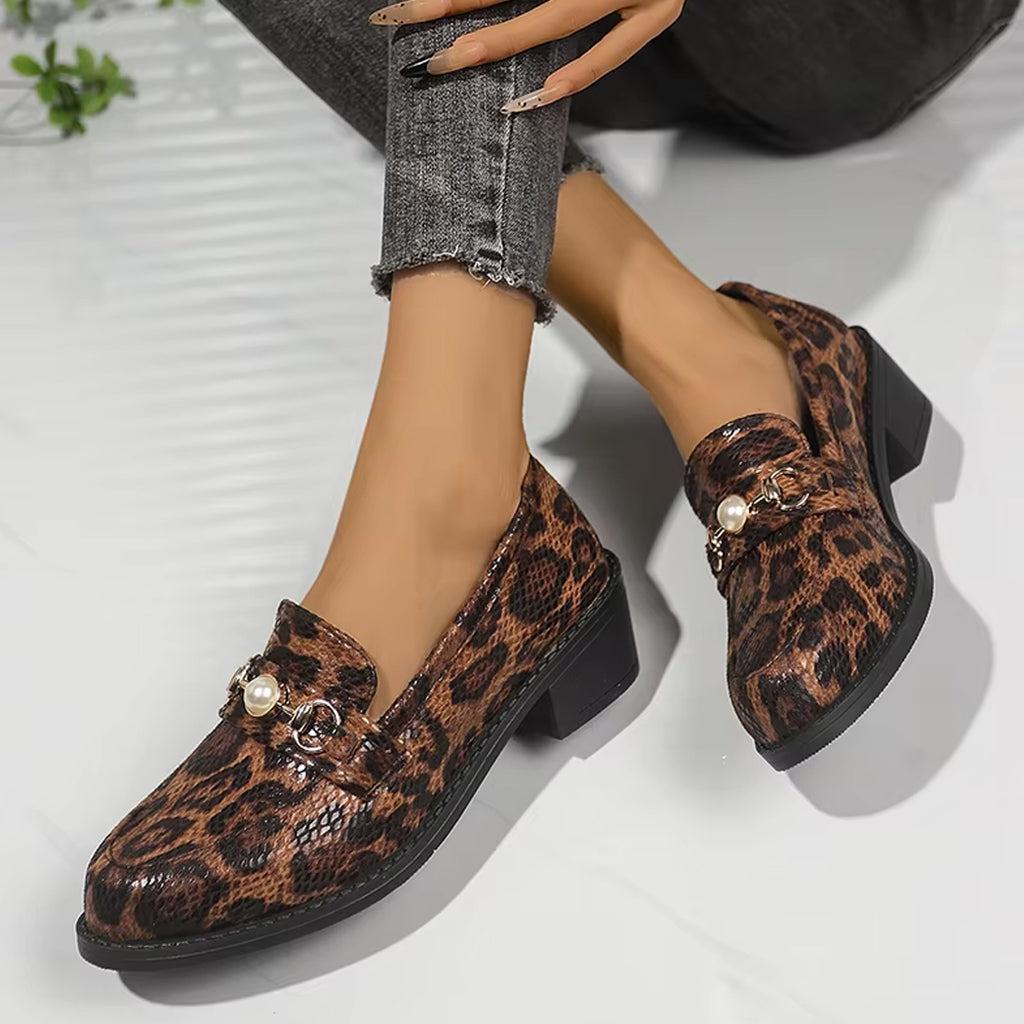 Snake-effect leopard loafers with pearl detail