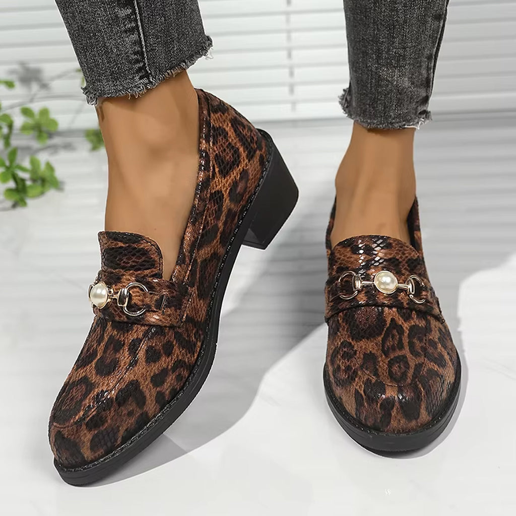 Snake-effect leopard loafers with pearl detail